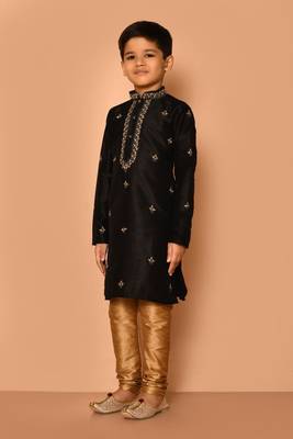 Black embroidered art silk boys-kurta-pyjama 5