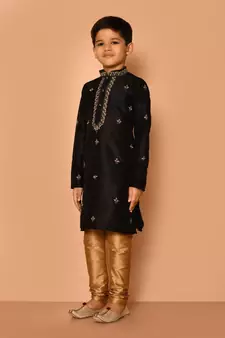 Black embroidered art silk boys-kurta-pyjama