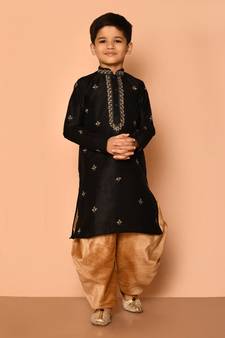 Black embroidered art silk boys-dhoti-kurta