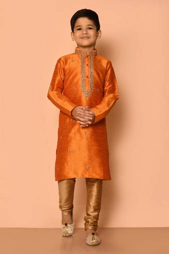 Orange embroidered art silk boys-kurta-pyjama