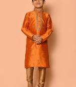 Orange embroidered art silk boys-kurta-pyjama