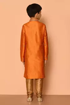 Orange embroidered art silk boys-kurta-pyjama