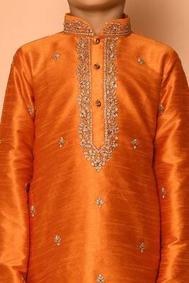 Orange embroidered art silk boys-kurta-pyjama 3