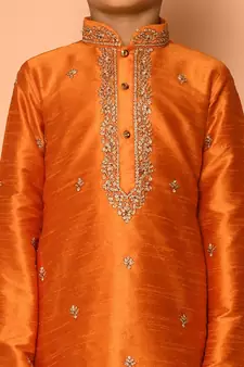 Orange embroidered art silk boys-kurta-pyjama