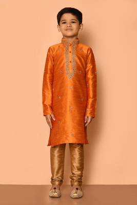 Orange embroidered art silk boys-kurta-pyjama 4
