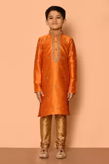 Orange embroidered art silk boys-kurta-pyjama