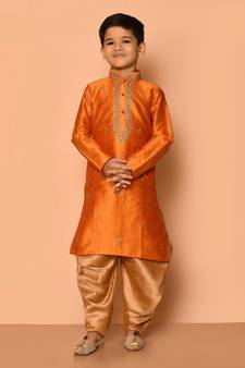 Orange embroidered art silk boys-dhoti-kurta