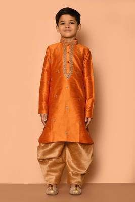 Orange embroidered art silk boys-dhoti-kurta 4