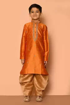 Orange embroidered art silk boys-dhoti-kurta