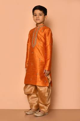Orange embroidered art silk boys-dhoti-kurta 5