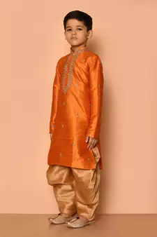 Orange embroidered art silk boys-dhoti-kurta