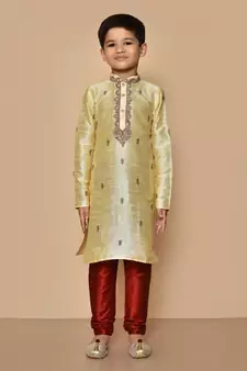 Fawn embroidered art silk boys-kurta-pyjama