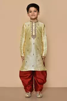 Fawn embroidered art silk boys-dhoti-kurta
