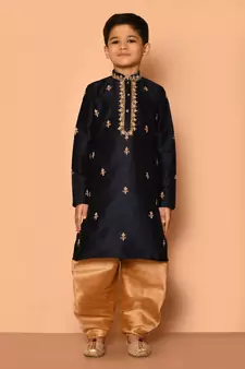 Black embroidered art silk boys-dhoti-kurta