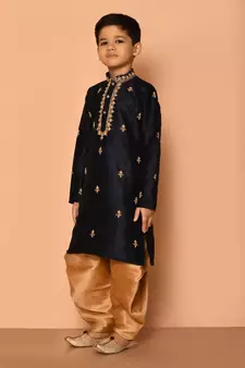 Black embroidered art silk boys-dhoti-kurta