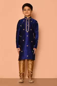 Blue embroidered art silk boys-kurta-pyjama