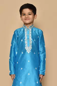 Blue embroidered art silk boys-dhoti-kurta