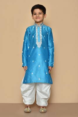 Blue embroidered art silk boys-dhoti-kurta 4