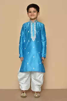 Blue embroidered art silk boys-dhoti-kurta