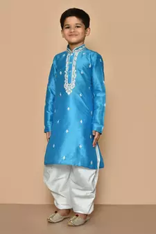 Blue embroidered art silk boys-dhoti-kurta