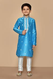 Blue embroidered art silk boys-kurta-pyjama