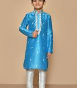 Blue embroidered art silk boys-kurta-pyjama