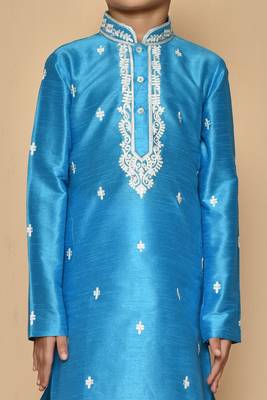 Blue embroidered art silk boys-kurta-pyjama 3