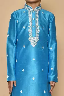 Blue embroidered art silk boys-kurta-pyjama