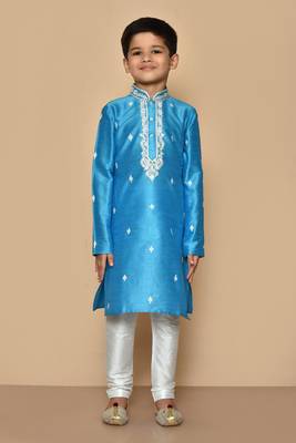 Blue embroidered art silk boys-kurta-pyjama 4