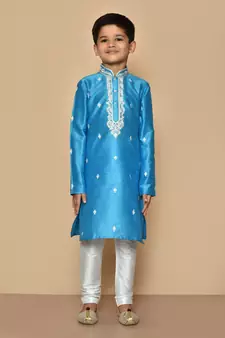 Blue embroidered art silk boys-kurta-pyjama