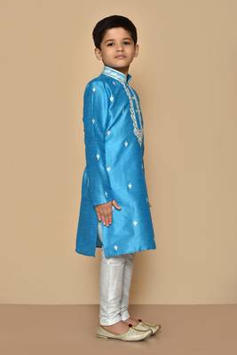 Blue embroidered art silk boys-kurta-pyjama 5