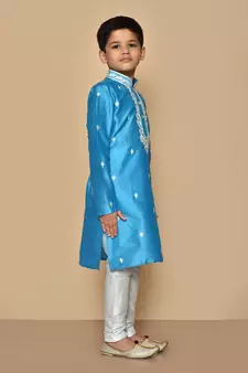 Blue embroidered art silk boys-kurta-pyjama