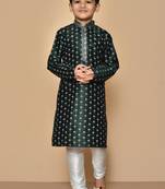 Green printed art silk boys-kurta-pyjama