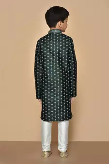 Green printed art silk boys-kurta-pyjama