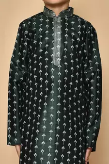 Green printed art silk boys-kurta-pyjama