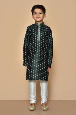 Green printed art silk boys-kurta-pyjama 4