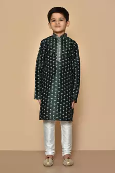 Green printed art silk boys-kurta-pyjama