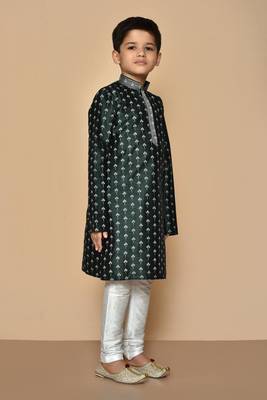 Green printed art silk boys-kurta-pyjama 5