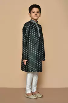 Green printed art silk boys-kurta-pyjama