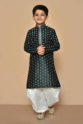 Green printed art silk boys-dhoti-kurta 1