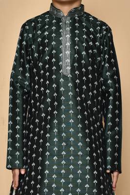 Green printed art silk boys-dhoti-kurta 3