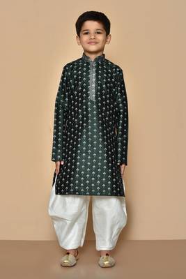 Green printed art silk boys-dhoti-kurta 4