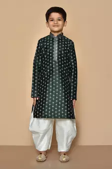 Green printed art silk boys-dhoti-kurta