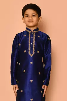 Blue embroidered art silk boys-kurta-pyjama