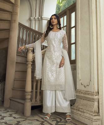 White Heavy Designer Embroidery Work Butterfly Net unstitched Long Length Kameez Pant party wear salwarsuit 1