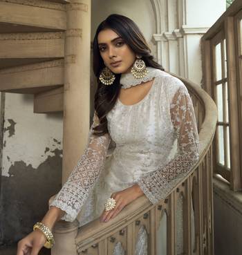White Heavy Designer Embroidery Work Butterfly Net unstitched Long Length Kameez Pant party wear salwarsuit 2