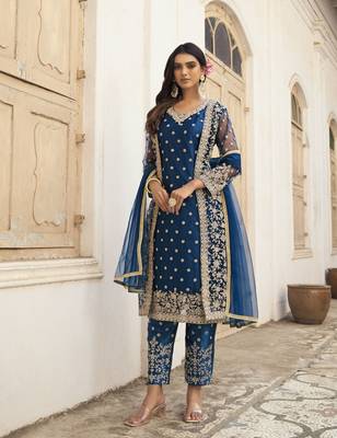 Blue Heavy Designer Embroidery Work Butterfly Net unstitched Long Length Kameez Pant party wear salwarsuit 1