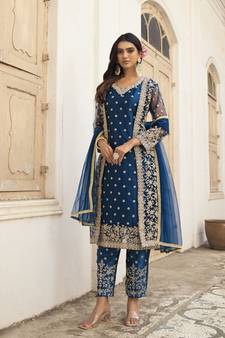 Blue Heavy Designer Embroidery Work Butterfly Net unstitched Long Length Kameez Pant party wear salwarsuit