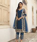 Blue Heavy Designer Embroidery Work Butterfly Net unstitched Long Length Kameez Pant party wear salwarsuit