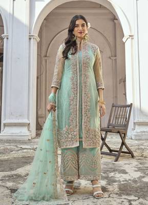 Sky Blue Heavy Designer Embroidery Work Butterfly Net unstitched Long Length Kameez Pant party wear salwarsuit 1